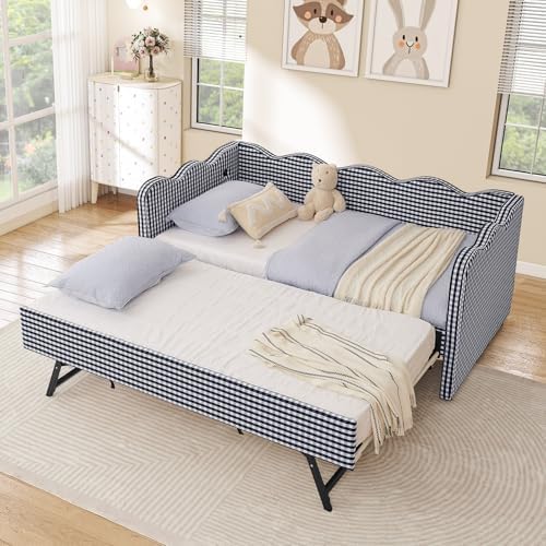 Twin Size Daybed with Pop Up Trundle, Linen Gingham Twin to King Daybed with USB Ports, Upholstered Day Bed Frame, Modern Sofa Bed for Bedroom/Living Room/Guest Room, No Box Spring Needed, Navy
