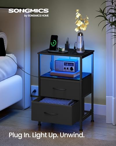 SONGMICS Nightstand with Charging Station, 2 Fabric Drawers