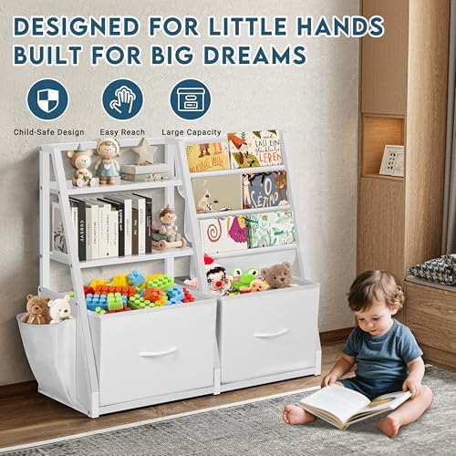 LOFTEY Kids Bookshelf and Toy Storage, Toy Box with Bookshelf, White