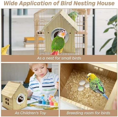 PINVNBY Parakeet Nesting Box Wooden Bird House for Cage Parrot Breeding Mating Box for Lovebirds Cockatiel Finch Cockatoo Canary and Small and Medium-Sized Birds (M: 7.91 * 6.3 * 5.82 inch)