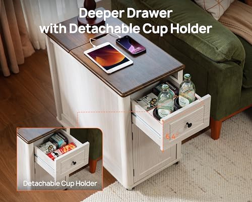 Rolling End Table with Wheels&Charging Station,Side Table with Drawer,White
