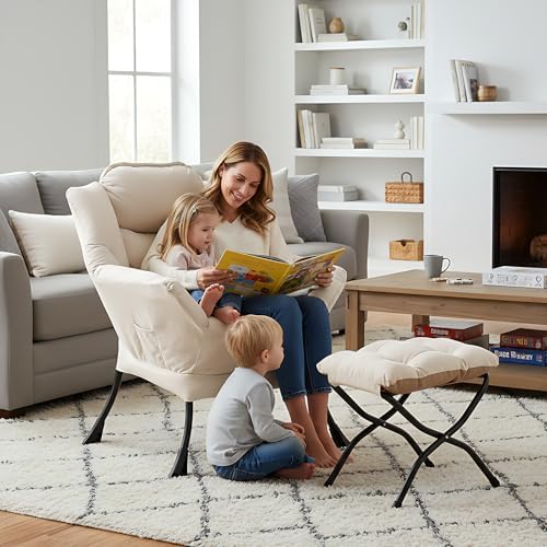 Welnow Lazy Chair with Ottoman, Reading Chair with Footrest, Beige