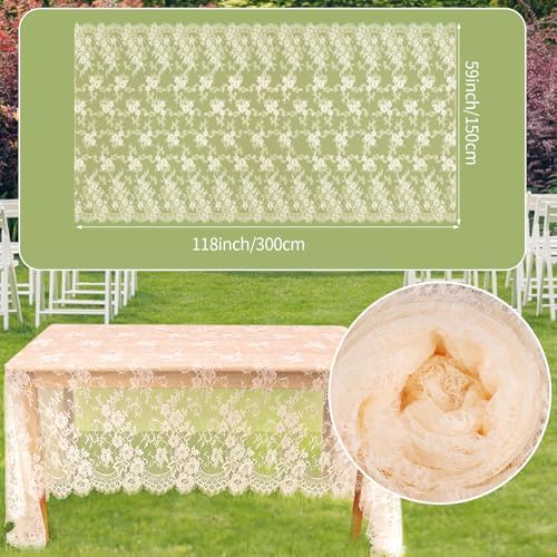 Fowecelt 2 Pcs Ivory Lace Tablecloth 60 X120 Inches Vintage Tablecloth Sheer Overlay Rectangle Floral Embroidered Lace Table Cloths for Rustic Boho Wedding Bridal Shower Party Reception Decoration