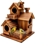 Wooden Bird Houses for Outside, 3 Compartments Villa Hanging Birdhouse, Carbonized Pine Nesting Box for Bluebird Wren Finch Backyard Garden Decor