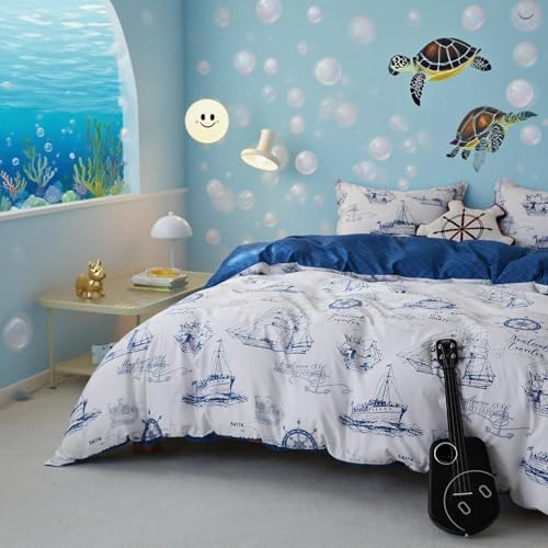 Simple&Opulence 100% Organic Cotton Duvet Cover for Kids Teens,3 Pieces Soft Cartoon Comforter Cover with Zipper Closure, Boys Bedding Set - Sailboat,Twin