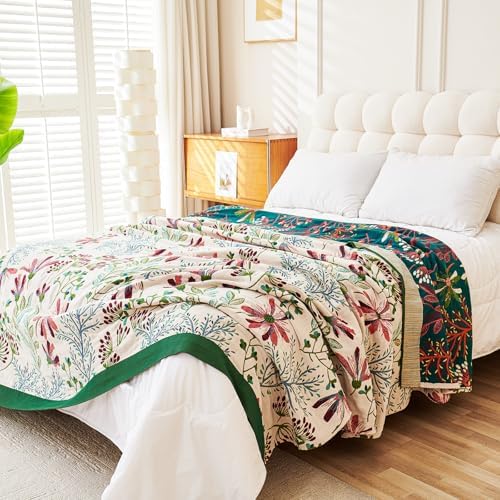 VANJOROY Boho Throw Blanket, 100% Organic Cotton Breathable Ultra Soft 80" x 90" Bed Quilt Throw - All Season Floral Rustic Farmhouse Decor Luxury Reversible Blanket for Sofa Couch Chair and Gift