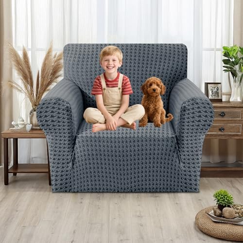 MAXIJIN Stretch Sofa Chair Slipcovers with Arms (31"-46 Washable Chair Cover Armchair with Non-Slip Foam & Elastic Bottom, Dog Cat Pet Friendly Furniture Protector (Small, Dark Gray)
