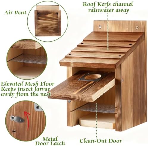 Dreyoo 4 Pack Bluebird Houses for Outside with Metal Predator Guard, 1-1/2" Entrance Hole Wooden Blue Bird Houses for Outdoors, Bluebird Nesting Box(Burnt Wood)