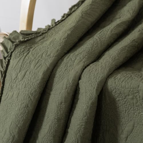 Brandream Olive Green Ruffled Quilted Throw Blanket Cotton 47 X 60 Blanket