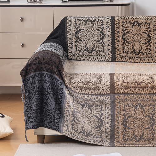 Boho Throw Blanket, Chenille Jacquard Tassels Throw Blankets for Bed Couch Soft Chair， Bohemian Fringe Tassels (Black, Large 86 * 102Inches)