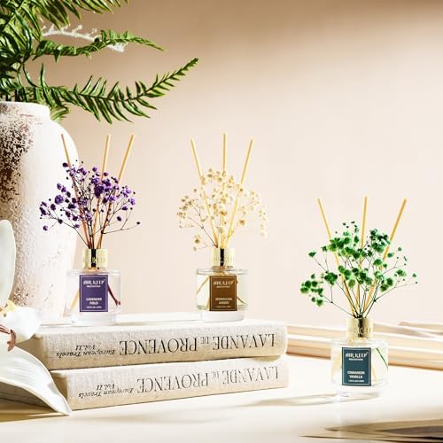 Airkeep Reed Diffuser Set of 3, Cinnamon Vanilla Lavender Field Moroccan Amber Oil Reed Diffusers for Bedroom Living Room Office Aromatherapy Oil Reed Diffuser for Gift 50ml x 3