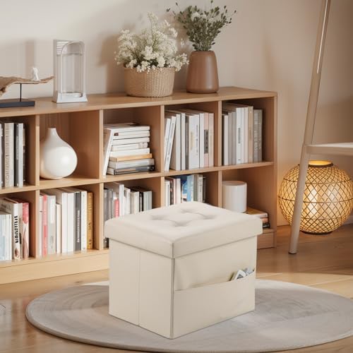 Bsketa Storage Ottoman Bench,17 Inch Folding Leather Foot Rest Stool, Beige