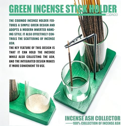 2 in 1 Incense Holder for Sticks Incense Burner Holder with Storage,Glass Upside Down Incense Holder for Sticks with Glass Ash Catcher for Meditation Yoga Spa Room Home Decor[2 Long Green]