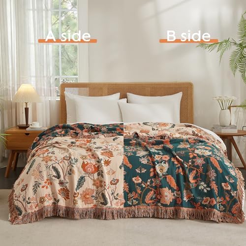 Boho Throw Blanket for Bed 90”x98”, 100% Cotton Blanket for Couch Sofa