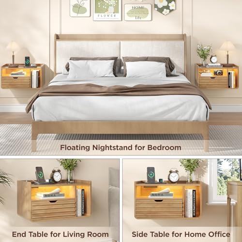 Maupvit Wood Floating Nightstand Set of 2, Wall Mounted Night Stand with Drawer and Charging Station, Bedside Table with Open Shelf, Led Nightstand for Bedroom, Easy Assembly
