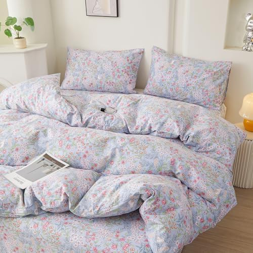 HighBuy Floral Pattern Duvet Cover King Size,Farmhouse 100% Cotton Soft Breathable Cottagecore Bedding Set for Women Girls,1 Duvet Cover and 2 Ruffle Pillowcases,Blue