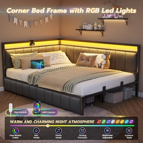 DICTAC Corner Full Bed Frame with 2 Storage Drawers and Charging Station Full Size Platform Bed Frame with Led Lights and Upholstered Guardrail Full Size Daybed for Teen/Adult with Storage,Gray