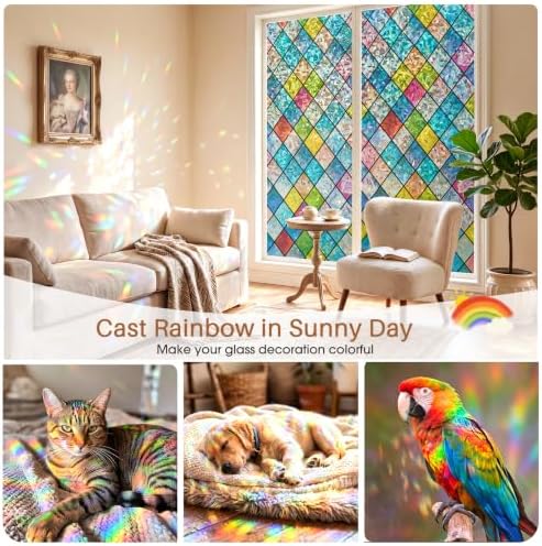 Sunbaby Stained Glass Winodw Film, Rainbow Lattice Stickers, 45"x157.4"