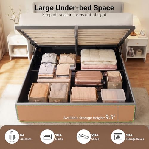 GIANTEX Queen Size Lift Up Storage Bed, Modern Linen Upholstered Platform w/Button Tufted Wingback Headboard & Hydraulic Support, Queen Bed Frame with Storage, No Box Spring Needed (Grey)