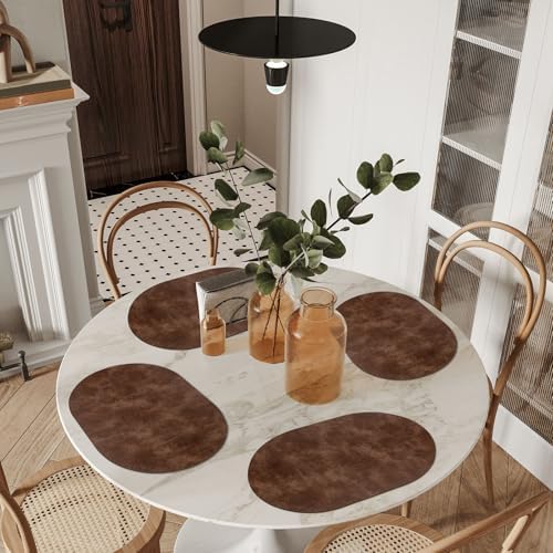 ADRIMER Oval Placemats Set of 8, Wipeable Faux Leather, Brown