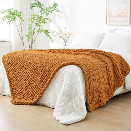 Bigacogo Chunky Knit Throw Blanket for Couch, 51x63 inches, Burnt Orange
