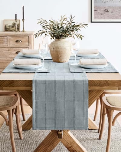 ZeeMart Linen Checked Farmhouse Table Runner, 13x72 Inches Chambray