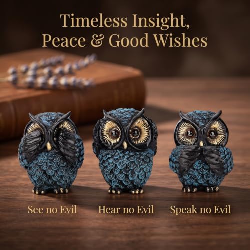 3 Wise Owl Statues Set for Bird Lovers Sapphire Blue Shelf Decor