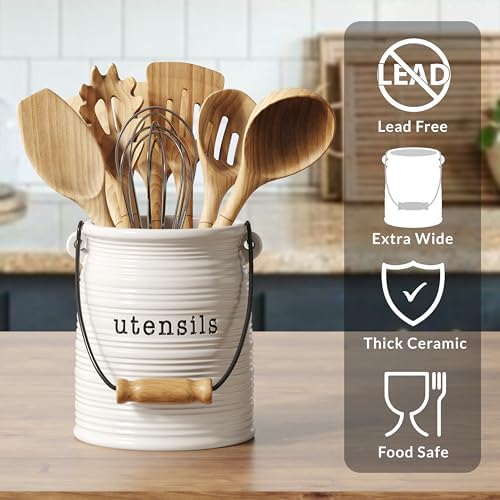 Barnyard Designs Ceramic Farmhouse Kitchen Utensil Holder, 6" White