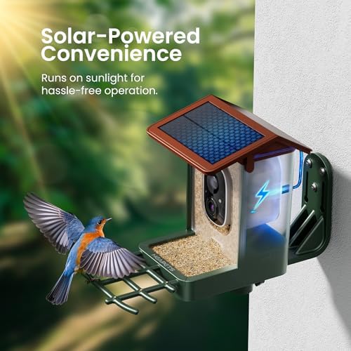 Smart Bird Feeder with Camera Solar Powered 2K HD Video, 10,000+ Species AI Recognition, Real-Time App Alerts, and Weatherproof Design for Effortless Birdwatching, Gift for Bird Lovers, Brown
