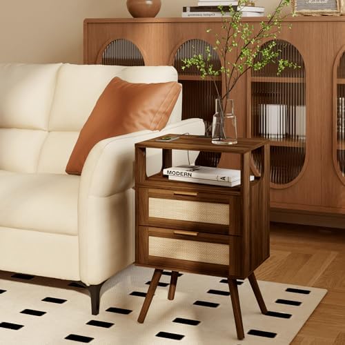 JOONEE Rattan Nightstand with Charging Station,Farmhouse Bedside Table with 2 Storage Drawer and Open Wood Shelf, for Bedroom and Small Spaces,Night Stand with Solid Wood Legs (Dark Walnut-Outlet)