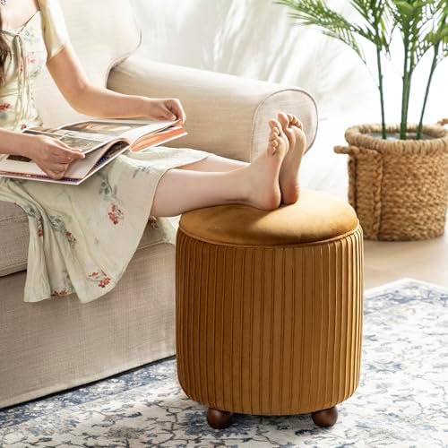 Glitzhome Round Ottoman with Storage Set of 2 Vanity Stool Foot Rest with Removable Lid Modern Upholstered Velvet Storage Ottoman Stool for Living Room and Dorm, Brown