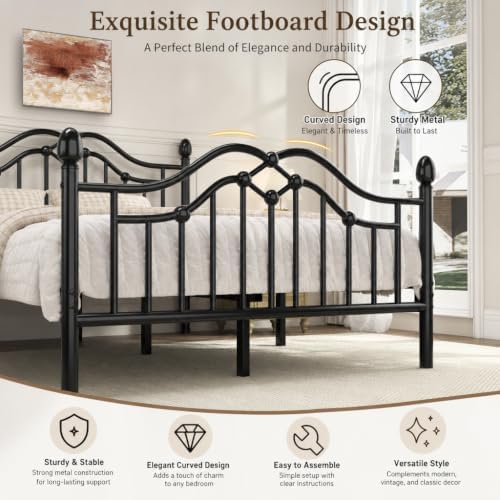 Full Size Bed Frame with Victorian Headboard & Footboard, Black