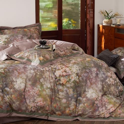 Garden Flower Duvet Cover Set Queen,3 Pieces Pink Floral Duvet Cover with 2 Pillow Shams Smooth Silky Long Staple Cotton Bedding Set-Queen,90x90 Inch
