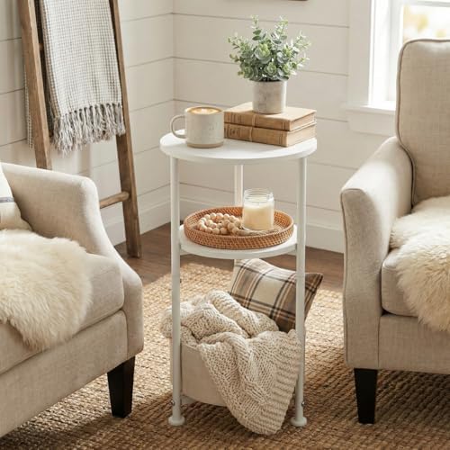 3-Tier Small Round Side Table with Storage Basket, White