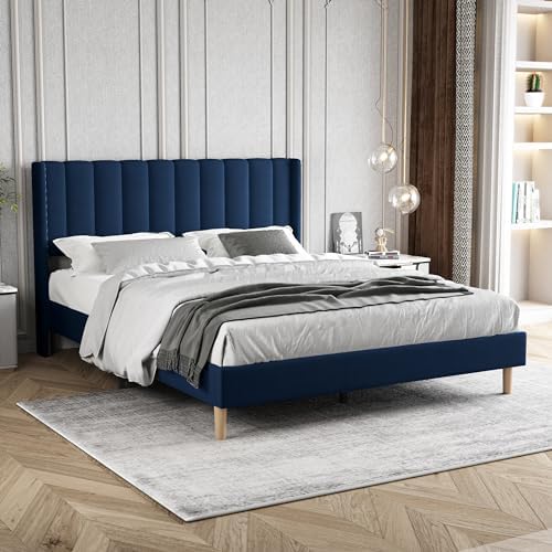 Queen Size Bed Frame with Velvet Upholstered Headboard, Blue