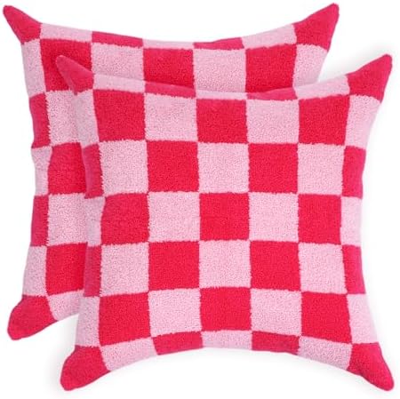 Alysheer Checkered Embroidered Throw Pillow Covers 18"x 18" 2pc Hot Pink