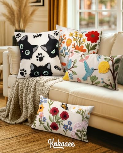 Embroidered Throw Pillow Cover 20x20 Inch, Cat Bone