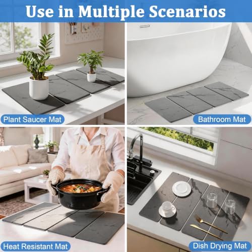 Stone Dish Drying Mat for Kitchen Counter - White Marble 24"×16" & 8"x4"