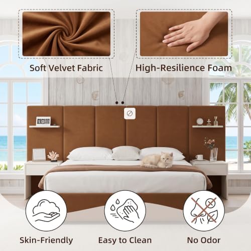 King Size Bed Frame with Storage & Built-in Nightstands & Drawers, Ocher