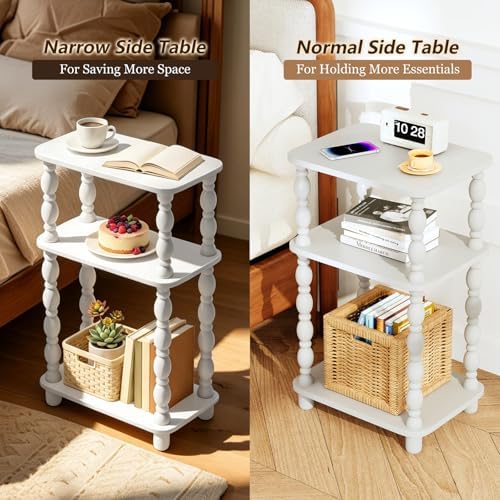 Narrow Side Table, Farmhouse Side Tables, 3-Tier Small End Table for Living Room, Couch Side Table for Skinny Spaces, Bedside Table Nightstand for Bedroom(White)