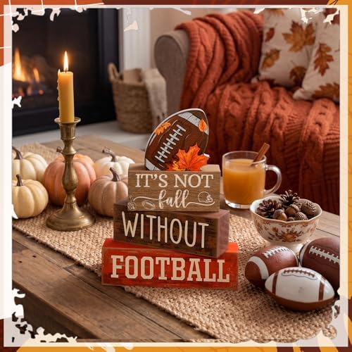 Yuntau 4 Pcs Fall Football Decor Rustic Wooden Blocks Table Centerpiece