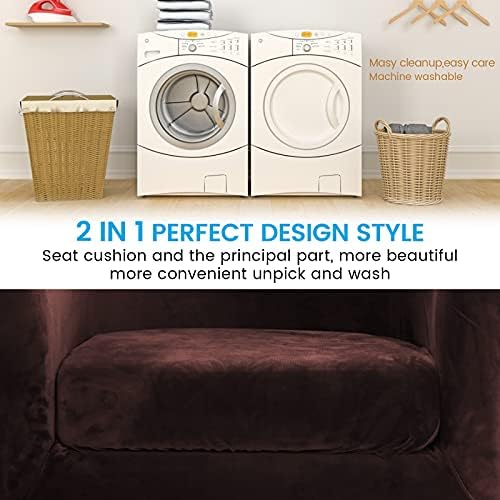 MIFXIN 2 Pieces Velvet Tub Chair Covers with Cushion Cover Stretch Soft Removable Tub Chair Slipcovers Armchair Sofa Couch Furniture Protector for Living Room Club Bar Counter Hotel (Brown)