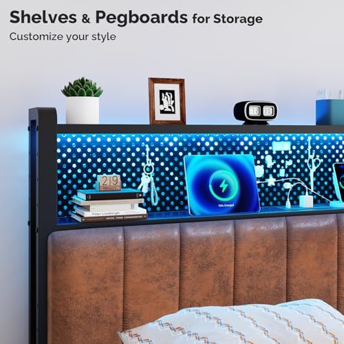 VINGLI King Size PU Leather Upholstered Headboard Bookcase Head Board for Bed with Storage,Charging Stations and LED Light, 2 Tier Shelves and Pegboard, Height Adjustable, Industrial Brown
