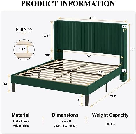 SHA CERLIN Full Size Velvet Bed Frame, Tufted Wingback Headboard, Green