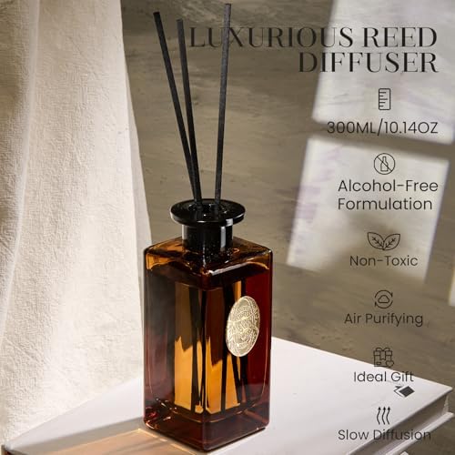 M&SENSE 10.14 oz Large Reed Diffuser Set | Tobacco Teakwood Scent Oil Diffuser with Sticks | Hotel Collection Non-Toxic Essential Oil |for Bedroom Bathroom Living Room