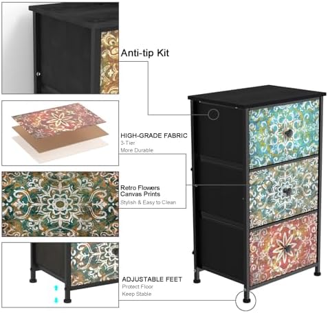 GiftGo Retro Dresser with Fabric Drawers Boho Mandala Flower Chest of Drawers Narrow Storage Tower for Small Spaces Gaps Bedroom Beautiful Nightstand Living Room Table (Mandala, 3 Drawers)