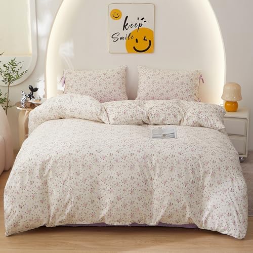 HighBuy College Girl Duvet Cover Set Twin XL,100% Cotton Comforter Cover Soft Durable with Lilac Floral Print,Vintage Bedding Set Chic Cottagecore with 2 Bowknot Bow Tie Pillowcases
