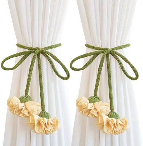 Handmade Curtains Tiebacks, Boho Flower Curtain Tie Backs Curtain Holder Tie Backs for Curtains Braided,Cute Flower Curtain Ties Decorative Rope for Bedroom Window Treatment (Light Yellow)