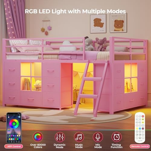 Low Loft Bed Twin Size with 14 Storage Drawers & 2 Shelves, Pink