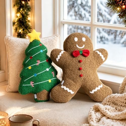 AELS Gingerbread Man Christmas Tree Pillow, 16.1" & 15.7" Set of 2